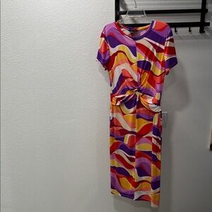 Donna Morgan Multicolor Wave-Print Midi Dress - Purple/Red/Yellow